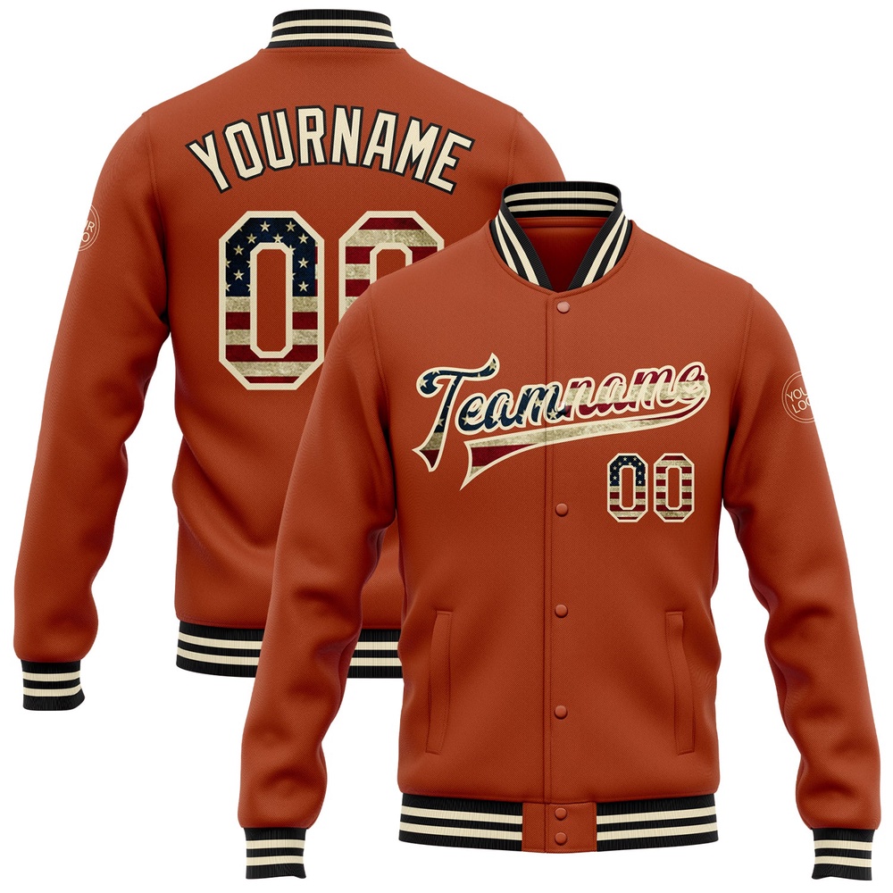 Custom Texas Orange Vintage USA Flag Cream Black Bomber Full Snap Baseball Jacket, Custom Team Jacket Custom Texas Orange Vintage USA Flag Cream Black Bomber Full Snap Baseball Jacket, Custom Team Jacket
