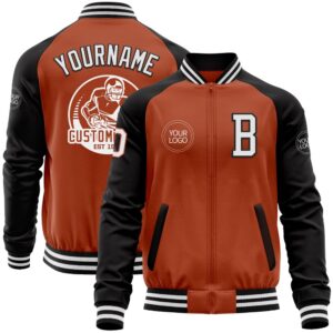 Custom Texas Orange White Black Bomber Varsity…