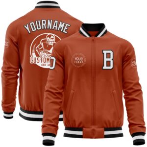 Custom Texas Orange White Black Bomber Varsity…
