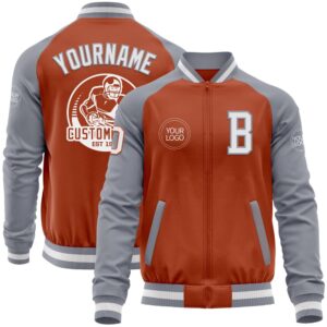 Custom Texas Orange White Gray Bomber Varsity…