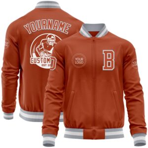 Custom Texas Orange White Gray Bomber Varsity…