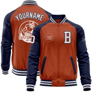 Custom Texas Orange White Navy Bomber Varsity…