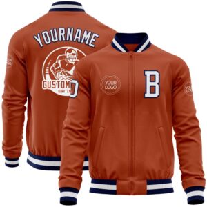 Custom Texas Orange White Navy Bomber Varsity…