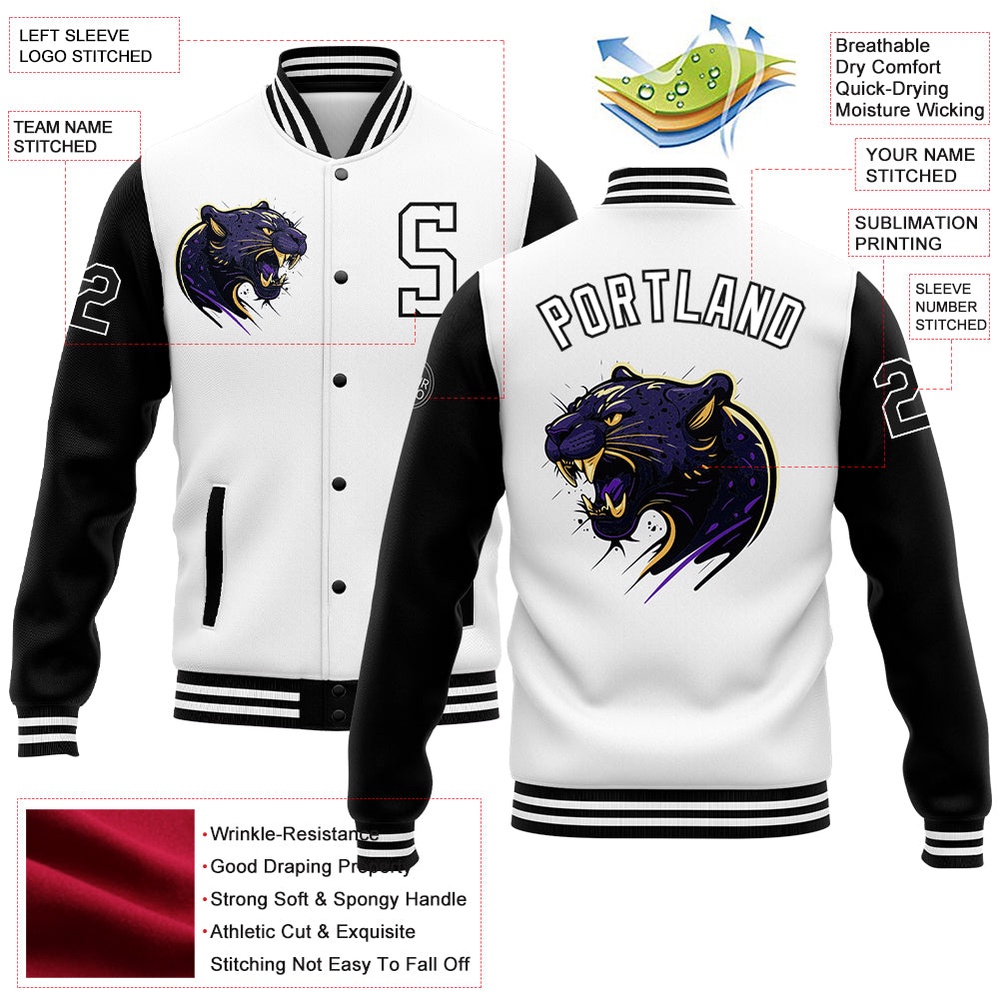 Custom White Black 3D Pattern Design Bomber Full Snap Baseball Jacket, Custom Team Jacket