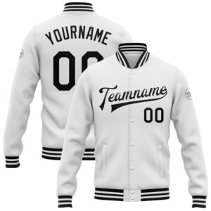 Custom White Black Bomber Full Snap Baseball…