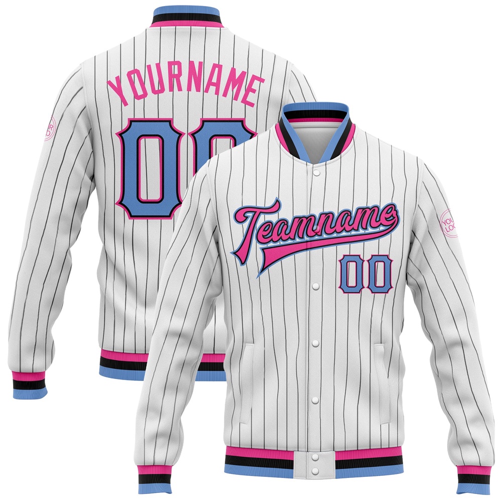 Custom White Black Pinstripe Light Blue Black Pink Bomber Full Snap Baseball Jacket, Custom Team Jacket Custom White Black Pinstripe Light Blue Black Pink Bomber Full Snap Baseball Jacket, Custom Team Jacket