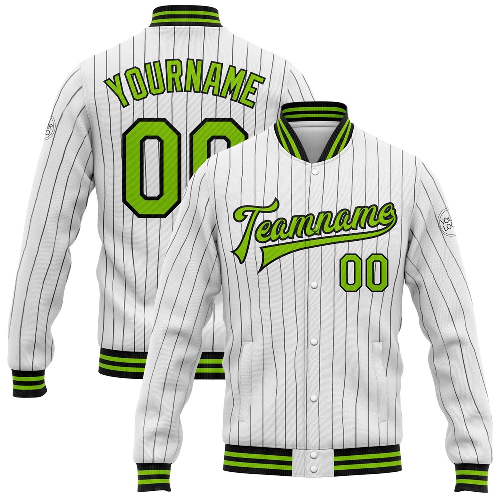 Custom White Black Pinstripe Neon Green Bomber Full Snap Baseball Jacket, Custom Team Jacket