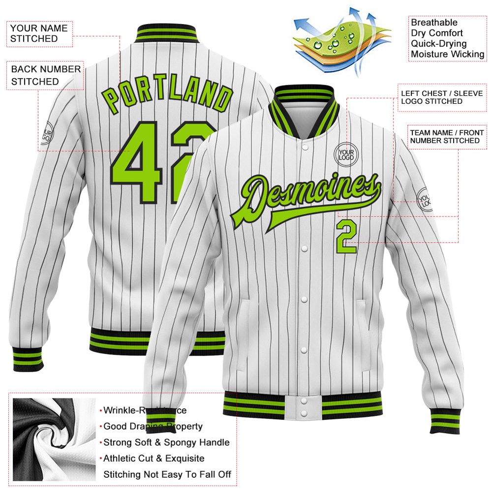Custom White Black Pinstripe Neon Green Bomber Full Snap Baseball Jacket, Custom Team Jacket