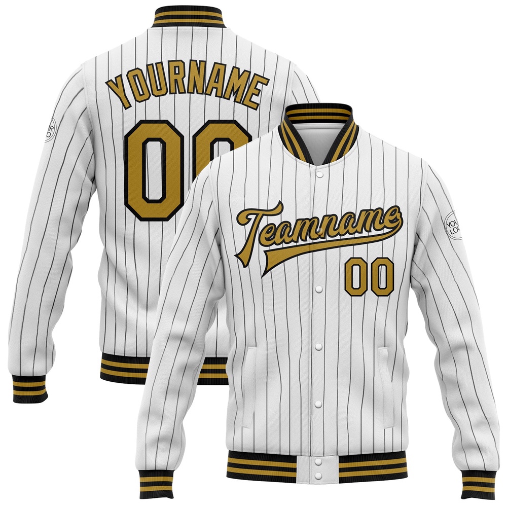 Custom White Black Pinstripe Old Gold Bomber Full Snap Baseball Jacket, Custom Team Jacket
