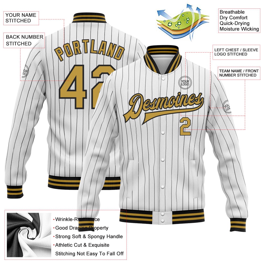 Custom White Black Pinstripe Old Gold Bomber Full Snap Baseball Jacket, Custom Team Jacket