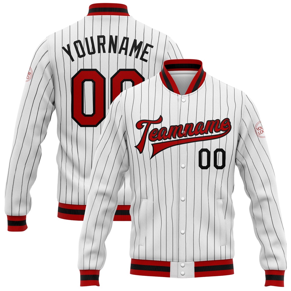 Custom White Black Pinstripe Red Black Bomber Full Snap Baseball Jacket, Custom Team Jacket Custom White Black Pinstripe Red Black Bomber Full Snap Baseball Jacket, Custom Team Jacket