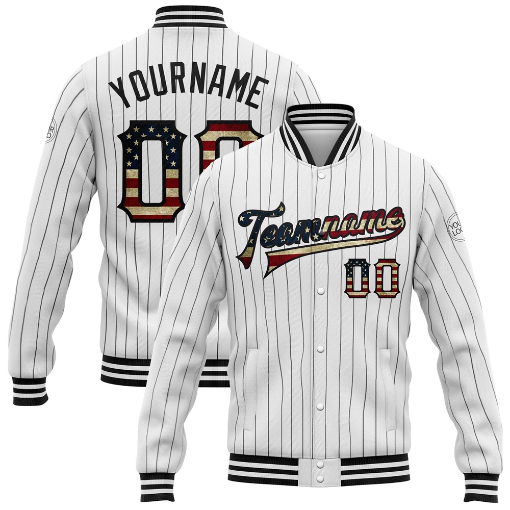 Custom White Black Pinstripe Vintage USA Flag Bomber Full Snap Baseball Jacket, Custom Team Jacket