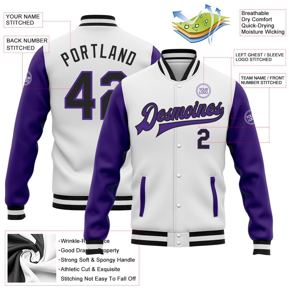 Custom White Black Purple Bomber Full Snap Varsity Baseball Jacket, Custom Team Jacket