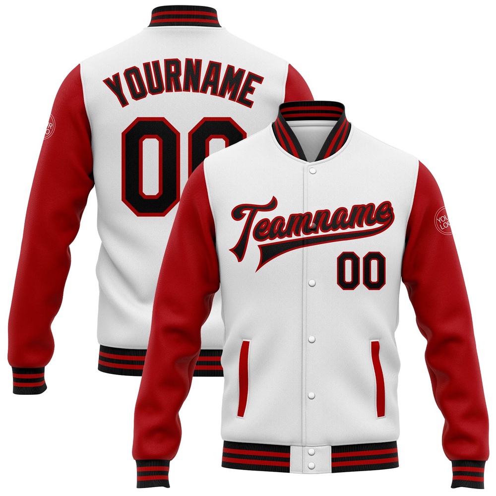 Custom White Black Red Bomber Full Snap Varsity Baseball Jacket, Custom Team Jacket Custom White Black Red Bomber Full Snap Varsity Baseball Jacket, Custom Team Jacket