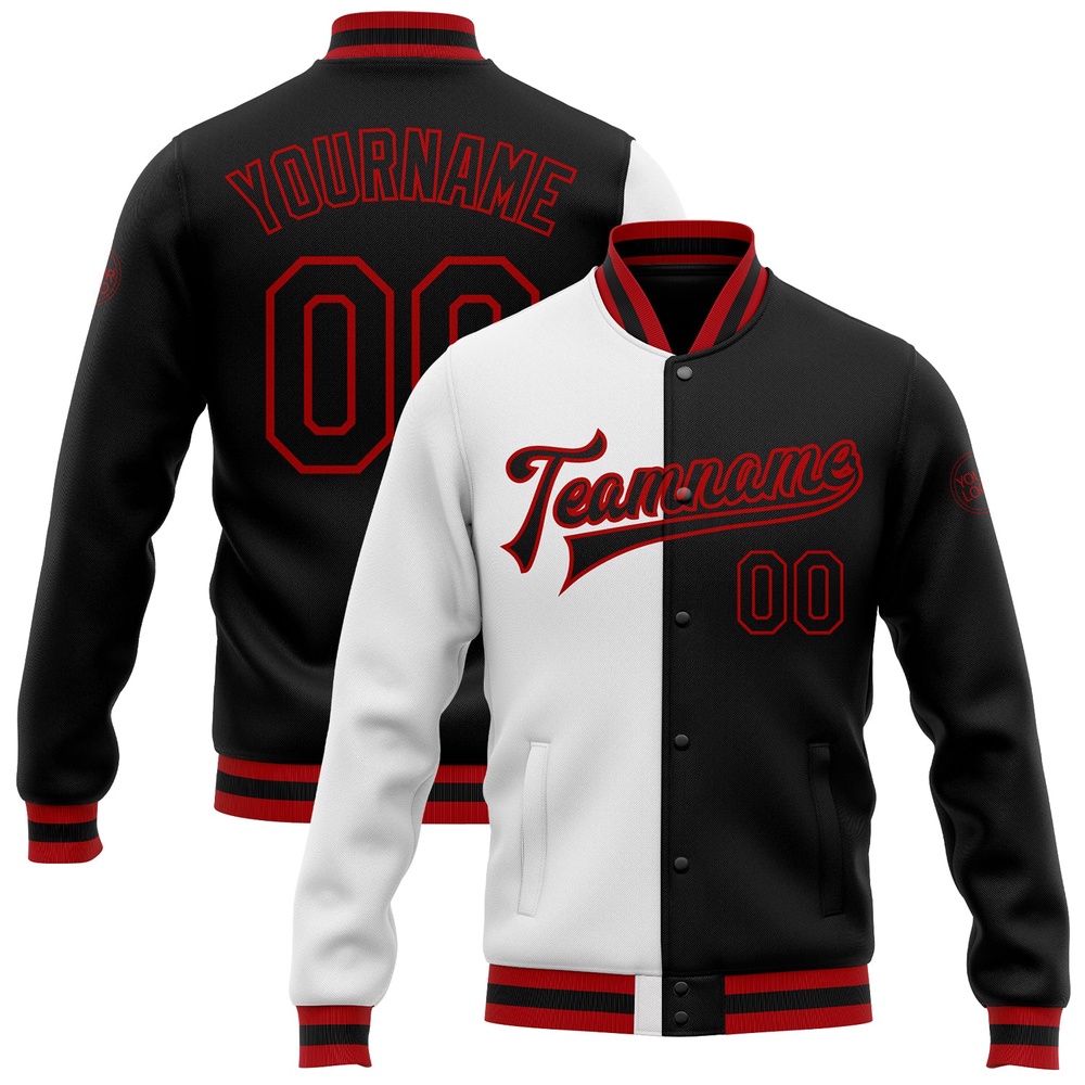 Custom White Black Red Bomber Full Snap Varsity Letterman Split Fashion Jacket, Custom Team Jacket