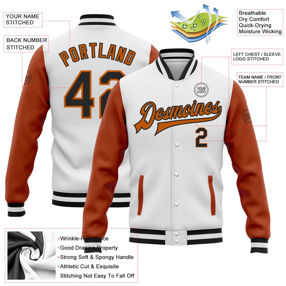 Custom White Black Texas Orange Bomber Full Snap Varsity Baseball Jacket, Custom Team Jacket
