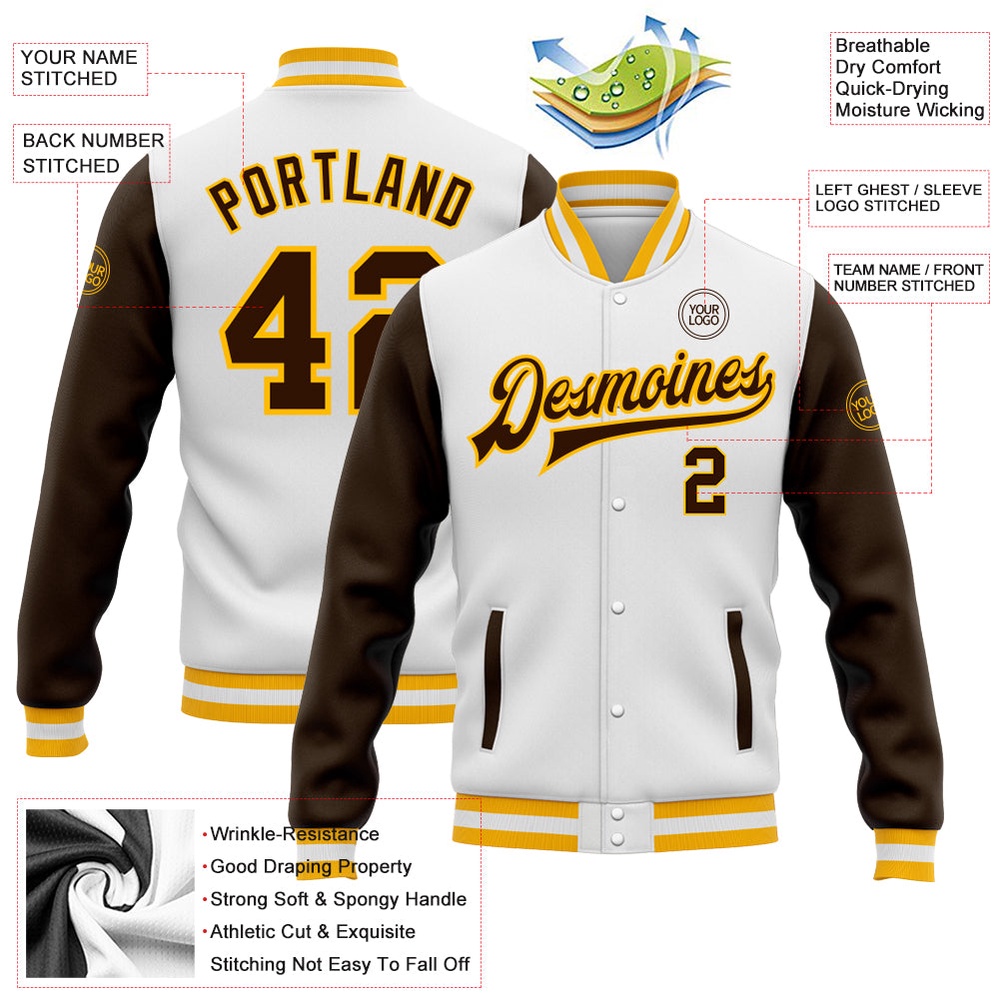 Custom White Brown Gold Bomber Full Snap Varsity Baseball Jacket, Custom Team Jacket