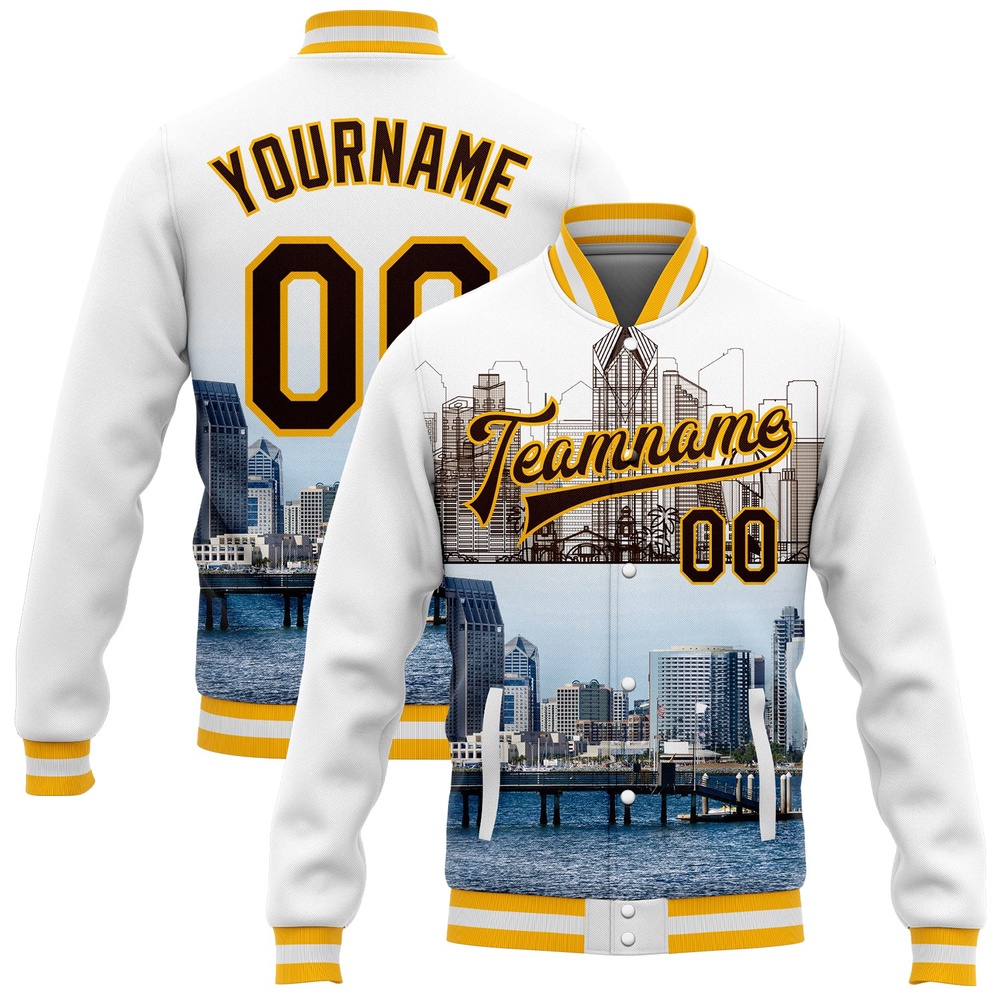 Custom White Brown Gold San Diego California City Edition 3D Bomber Full Snap Baseball Jacket, Custom Team Jacket Custom White Brown Gold San Diego California City Edition 3D Bomber Full Snap Baseball Jacket, Custom Team Jacket