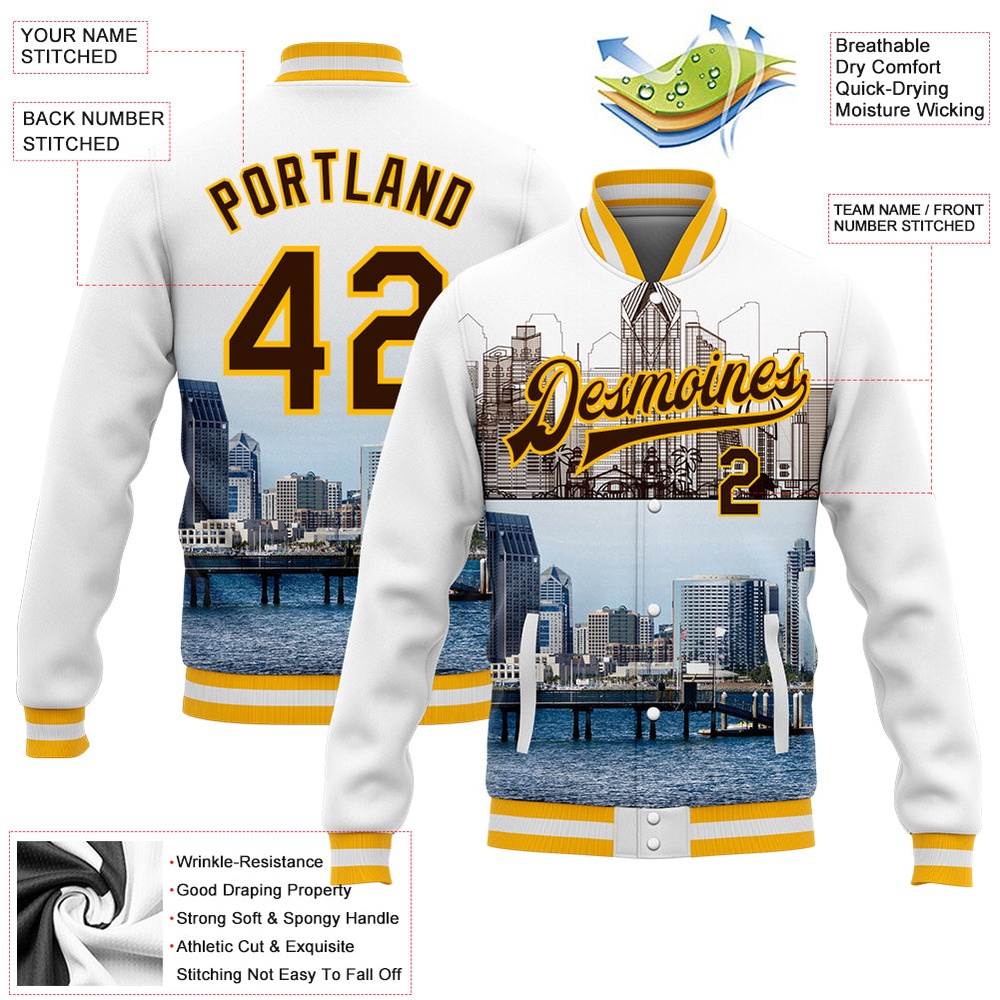 Custom White Brown Gold San Diego California City Edition 3D Bomber Full Snap Baseball Jacket, Custom Team Jacket Custom White Brown Gold San Diego California City Edition 3D Bomber Full Snap Baseball Jacket, Custom Team Jacket