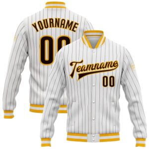 Custom White Brown Pinstripe Brown Gold Bomber…