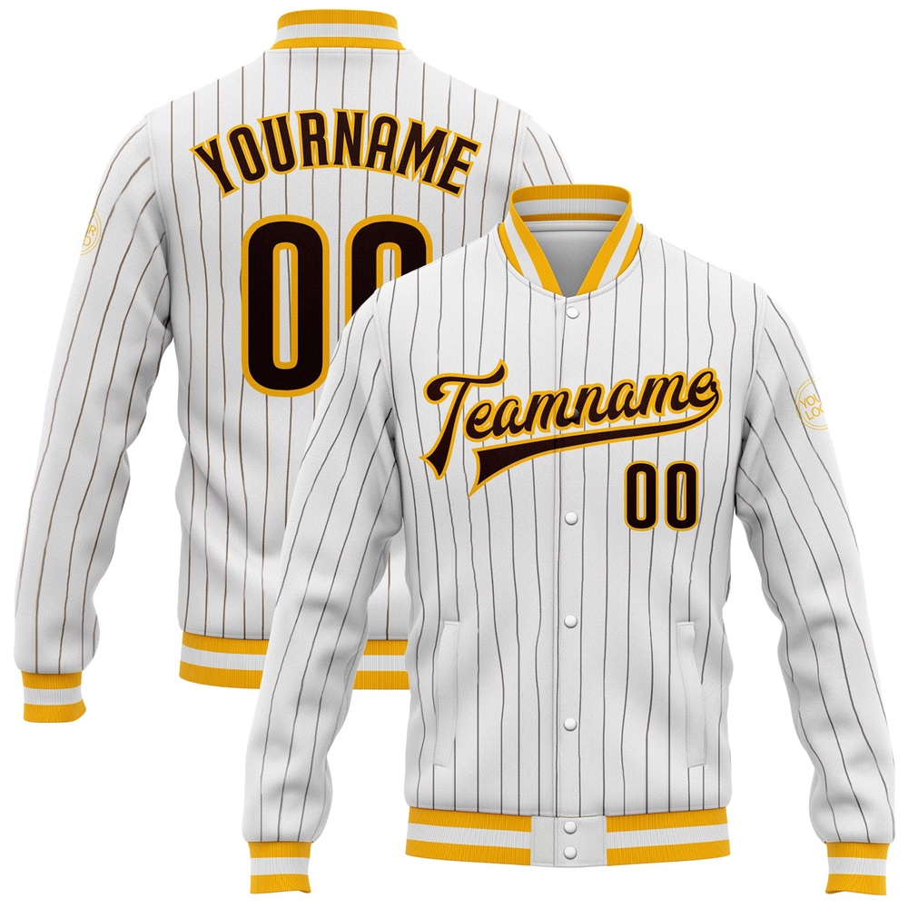 Custom White Brown Pinstripe Brown Gold Bomber Full Snap Baseball Jacket, Custom Team Jacket