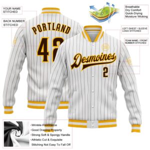 Custom White Brown Pinstripe Brown Gold Bomber Full Snap Baseball Jacket Custom Team Jacket 2 feyguj.jpg
