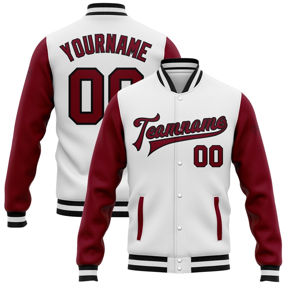 Custom White Crimson Black Bomber Full Snap Varsity Baseball Jacket, Custom Team Jacket