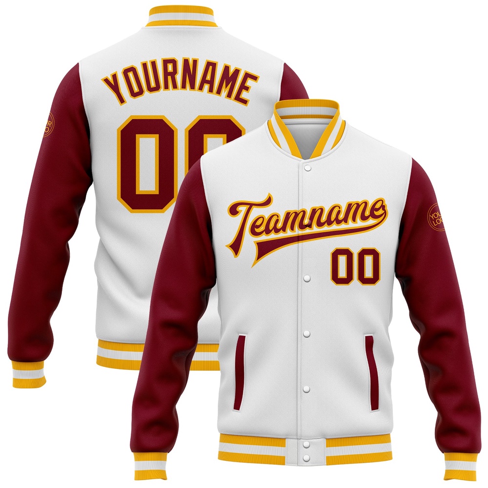 Custom White Crimson Gold Bomber Full Snap Varsity Baseball Jacket, Custom Team Jacket