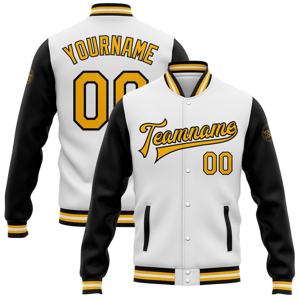 Custom White Gold Black Bomber Full Snap Varsity Baseball Jacket, Custom Team Jacket