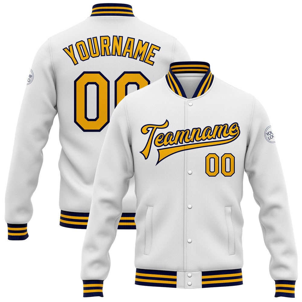 Custom White Gold Navy Bomber Full Snap Baseball Jacket, Custom Team Jacket