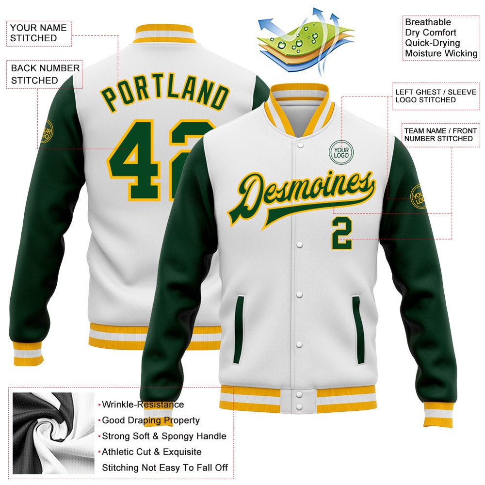 Custom White Green Gold Bomber Full Snap Varsity Baseball Jacket, Custom Team Jacket