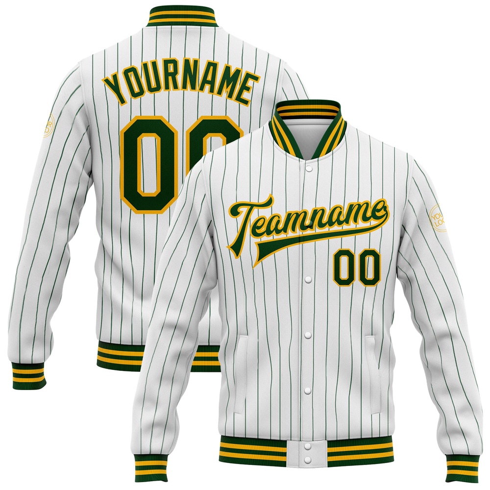 Custom White Green Pinstripe Gold Bomber Full Snap Baseball Jacket, Custom Team Jacket