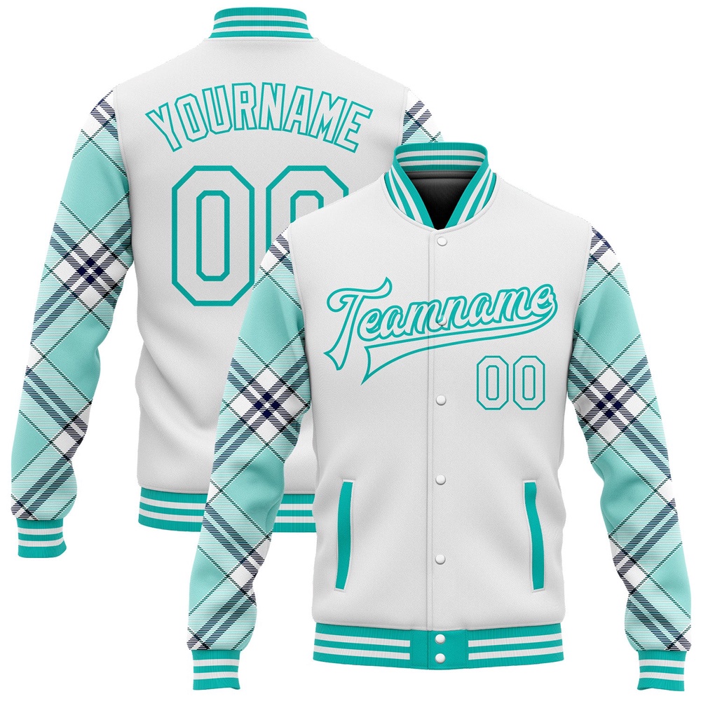 Custom White Ice Blue Aqua Navy Check Board 3D Pattern Design Bomber Full Snap Baseball Jacket, Custom Team Jacket