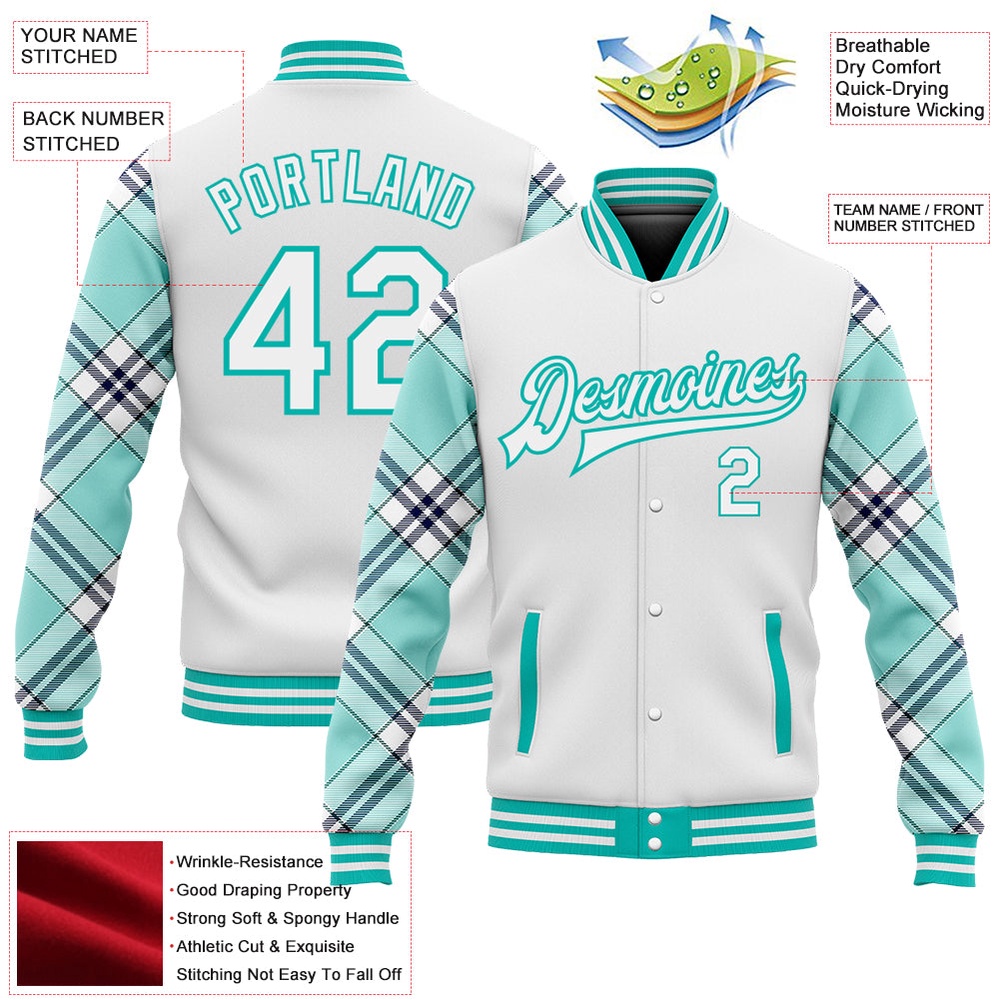 Custom White Ice Blue Aqua Navy Check Board 3D Pattern Design Bomber Full Snap Baseball Jacket, Custom Team Jacket
