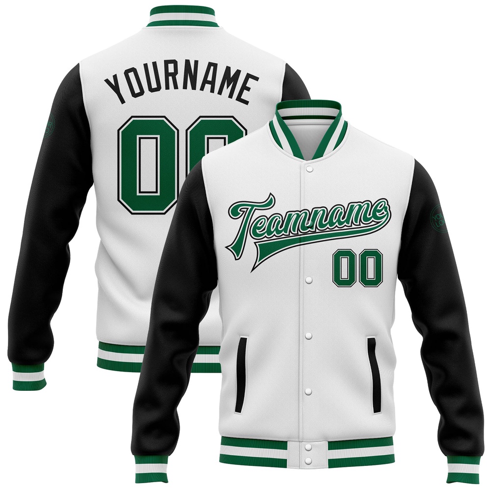 Custom White Kelly Green Black Bomber Full Snap Varsity Baseball Jacket, Custom Team Jacket