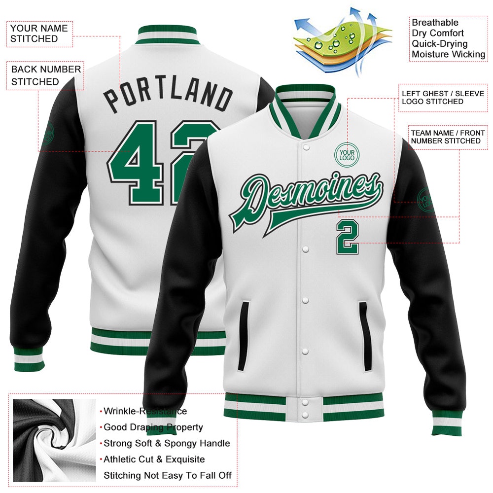 Custom White Kelly Green Black Bomber Full Snap Varsity Baseball Jacket, Custom Team Jacket