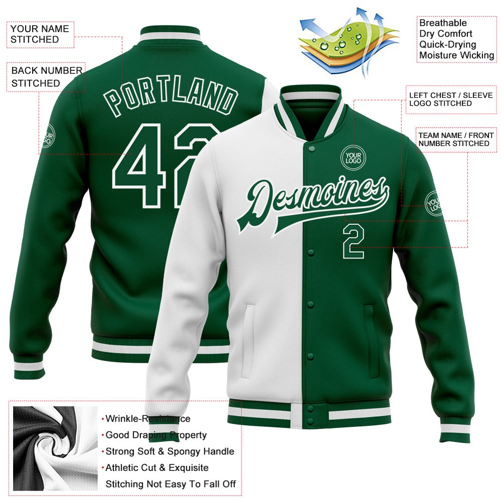 Custom White Kelly Green Bomber Full Snap Varsity Letterman Split Fashion Jacket, Custom Team Jacket