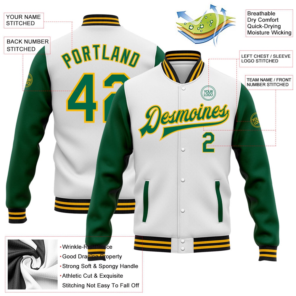 Custom White Kelly Green Gold Black Bomber Full Snap Varsity Baseball Jacket, Custom Team Jacket Custom White Kelly Green Gold Black Bomber Full Snap Varsity Baseball Jacket, Custom Team Jacket