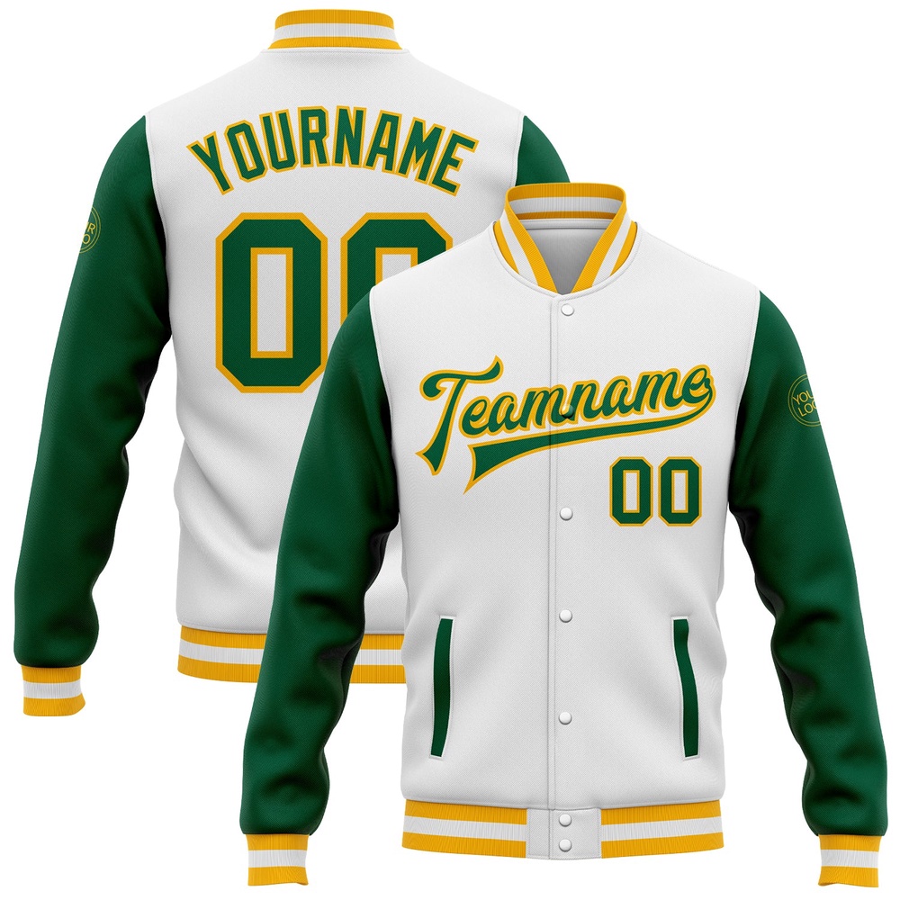 Custom White Kelly Green Gold Bomber Full Snap Varsity Baseball Jacket, Custom Team Jacket Custom White Kelly Green Gold Bomber Full Snap Varsity Baseball Jacket, Custom Team Jacket