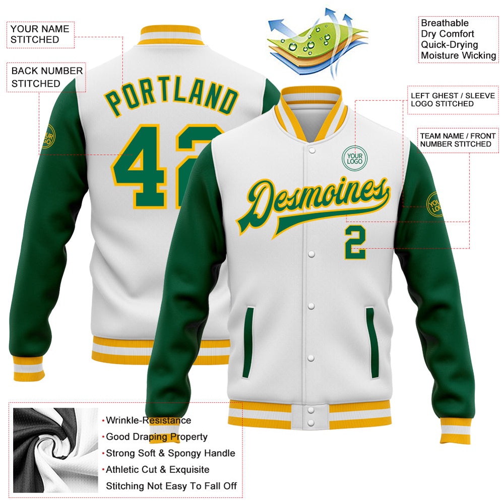 Custom White Kelly Green Gold Bomber Full Snap Varsity Baseball Jacket, Custom Team Jacket Custom White Kelly Green Gold Bomber Full Snap Varsity Baseball Jacket, Custom Team Jacket