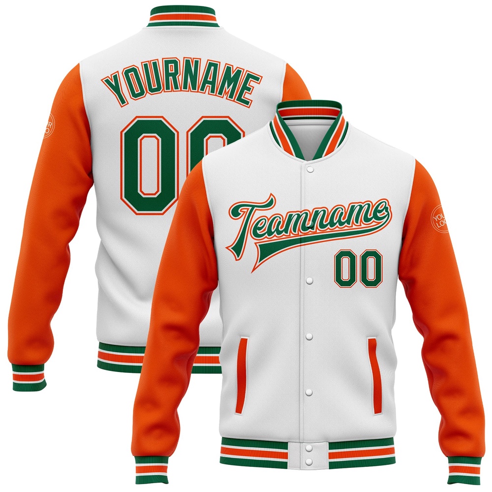Custom White Kelly Green Orange Bomber Full Snap Varsity Baseball Jacket, Custom Team Jacket