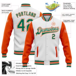 Custom White Kelly Green Orange Bomber Full Snap Varsity Baseball Jacket Custom Team Jacket 2 uy5tav.jpg