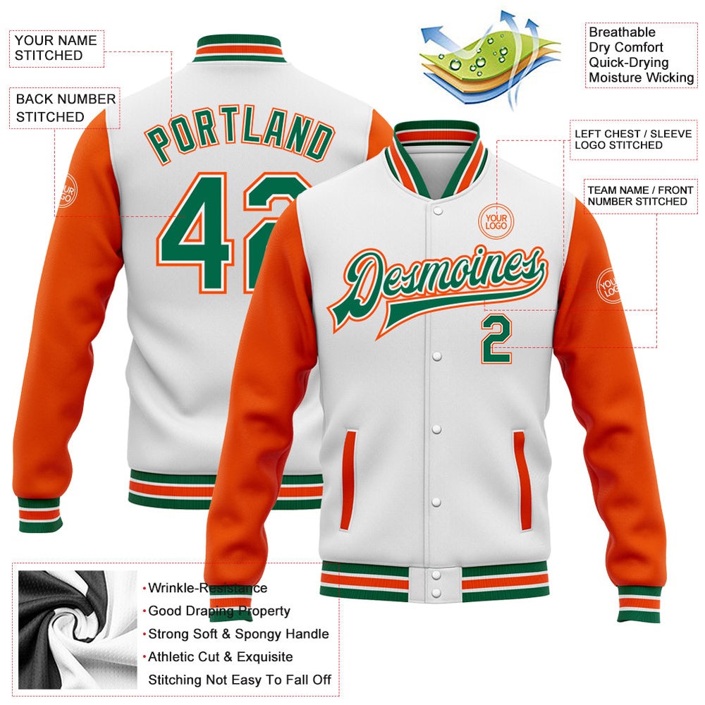 Custom White Kelly Green Orange Bomber Full Snap Varsity Baseball Jacket, Custom Team Jacket