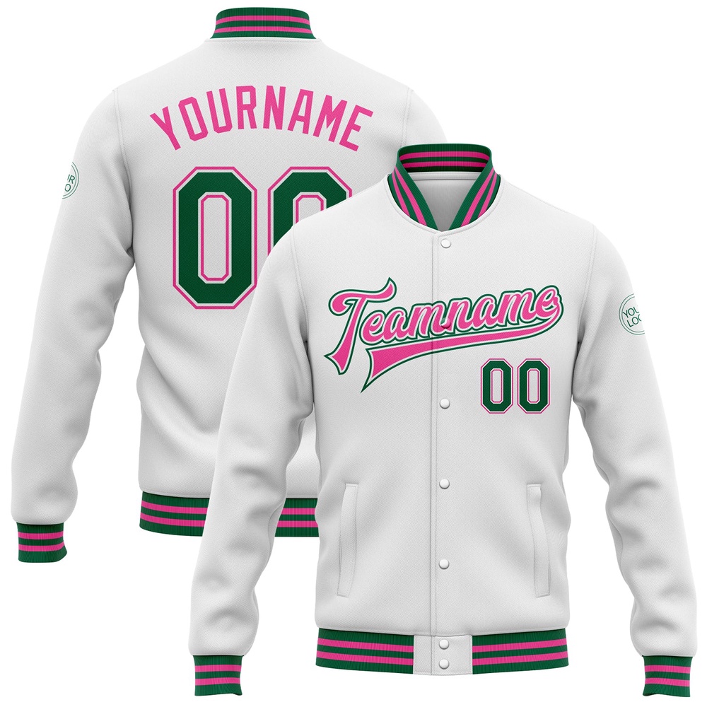 Custom White Kelly Green Pink Bomber Full Snap Baseball Jacket, Custom Team Jacket