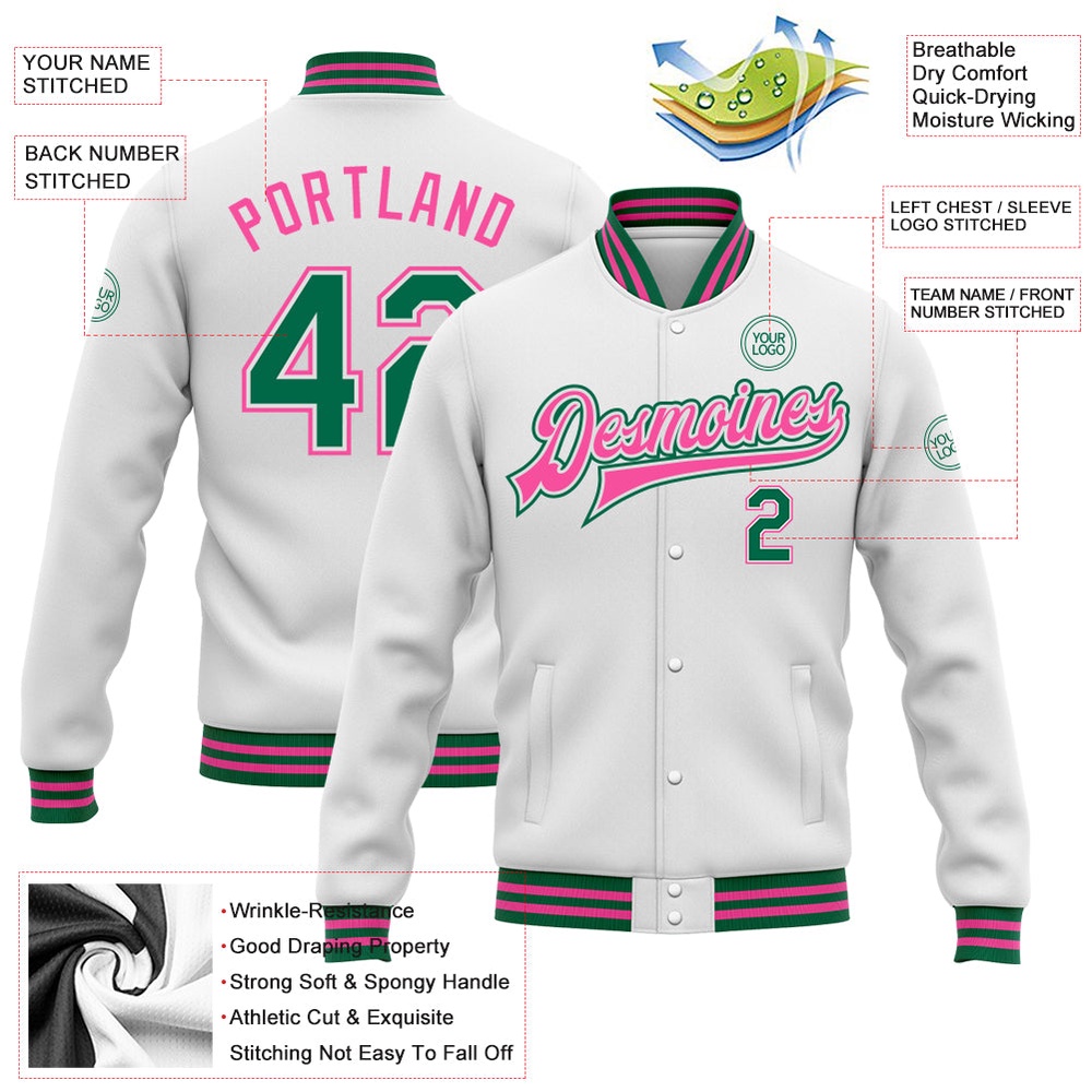Custom White Kelly Green Pink Bomber Full Snap Baseball Jacket, Custom Team Jacket