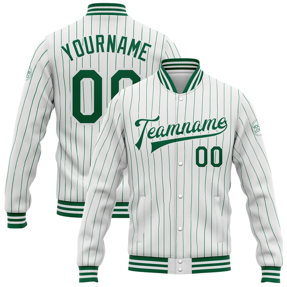 Custom White Kelly Green Pinstripe Kelly Green Bomber Full Snap Baseball Jacket, Custom Team Jacket