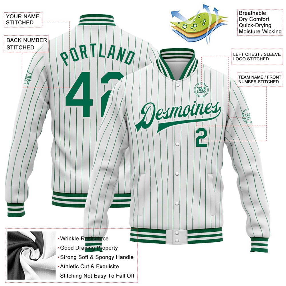 Custom White Kelly Green Pinstripe Kelly Green Bomber Full Snap Baseball Jacket, Custom Team Jacket
