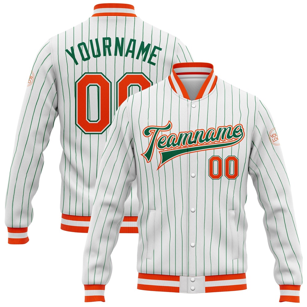 Custom White Kelly Green Pinstripe Orange Kelly Green Bomber Full Snap Baseball Jacket, Custom Team Jacket Custom White Kelly Green Pinstripe Orange Kelly Green Bomber Full Snap Baseball Jacket, Custom Team Jacket