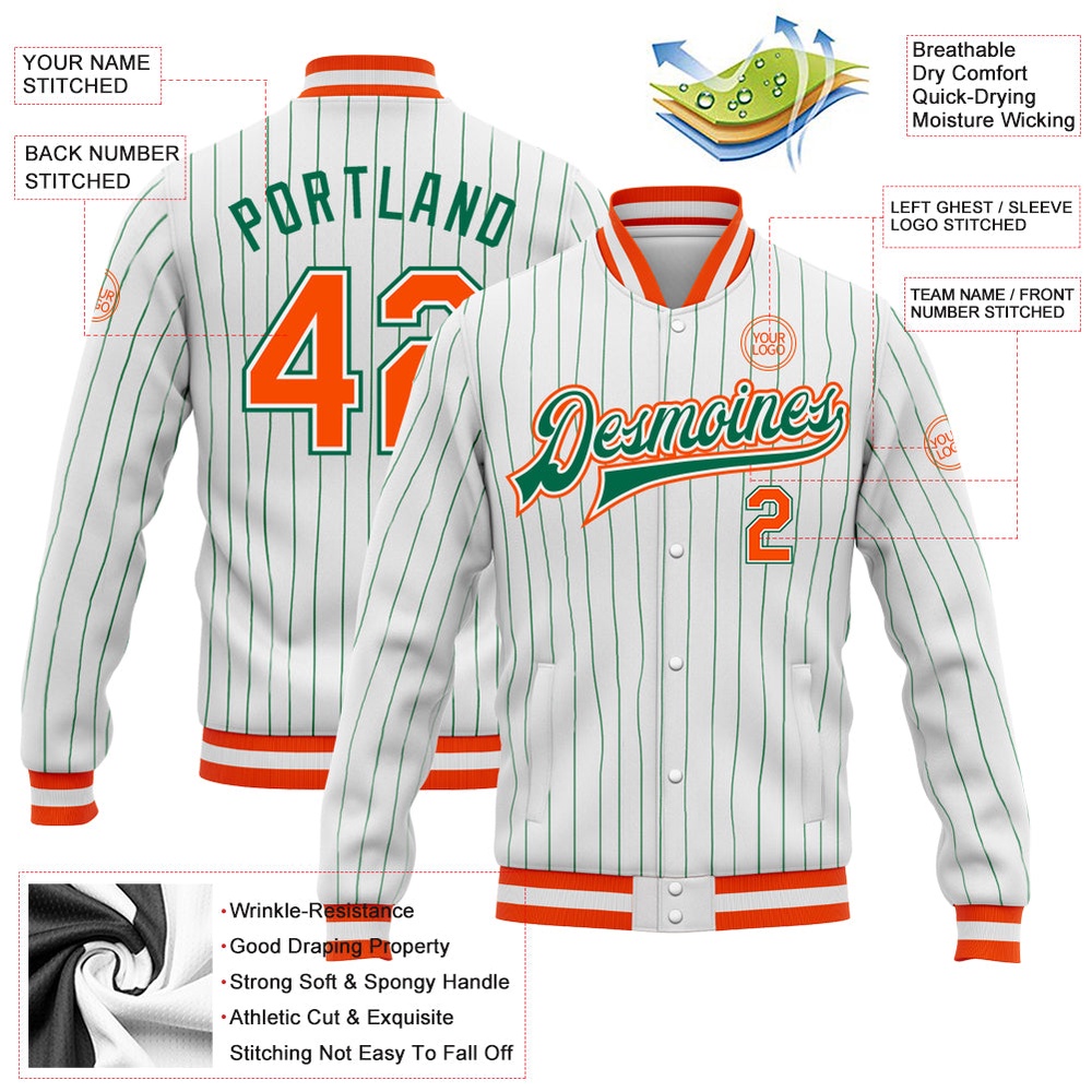 Custom White Kelly Green Pinstripe Orange Kelly Green Bomber Full Snap Baseball Jacket, Custom Team Jacket Custom White Kelly Green Pinstripe Orange Kelly Green Bomber Full Snap Baseball Jacket, Custom Team Jacket