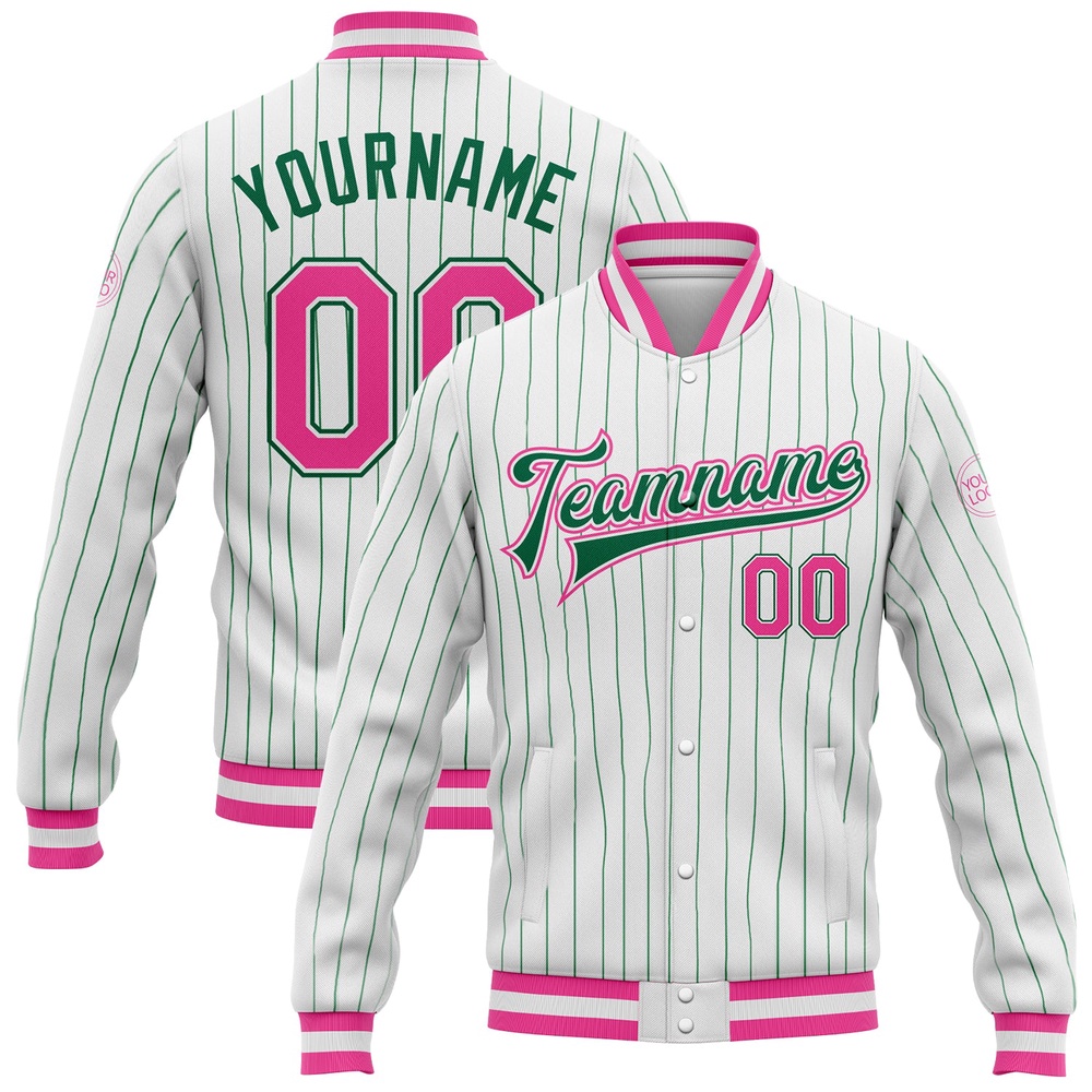 Custom White Kelly Green Pinstripe Pink Kelly Green Bomber Full Snap Baseball Jacket, Custom Team Jacket Custom White Kelly Green Pinstripe Pink Kelly Green Bomber Full Snap Baseball Jacket, Custom Team Jacket